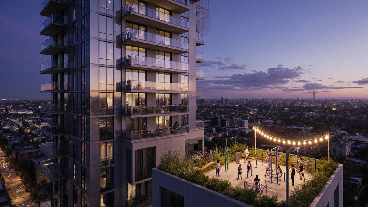 Aerial view of a high‑rise under construction in Adelaide showing balcony lights and a rooftop garden.