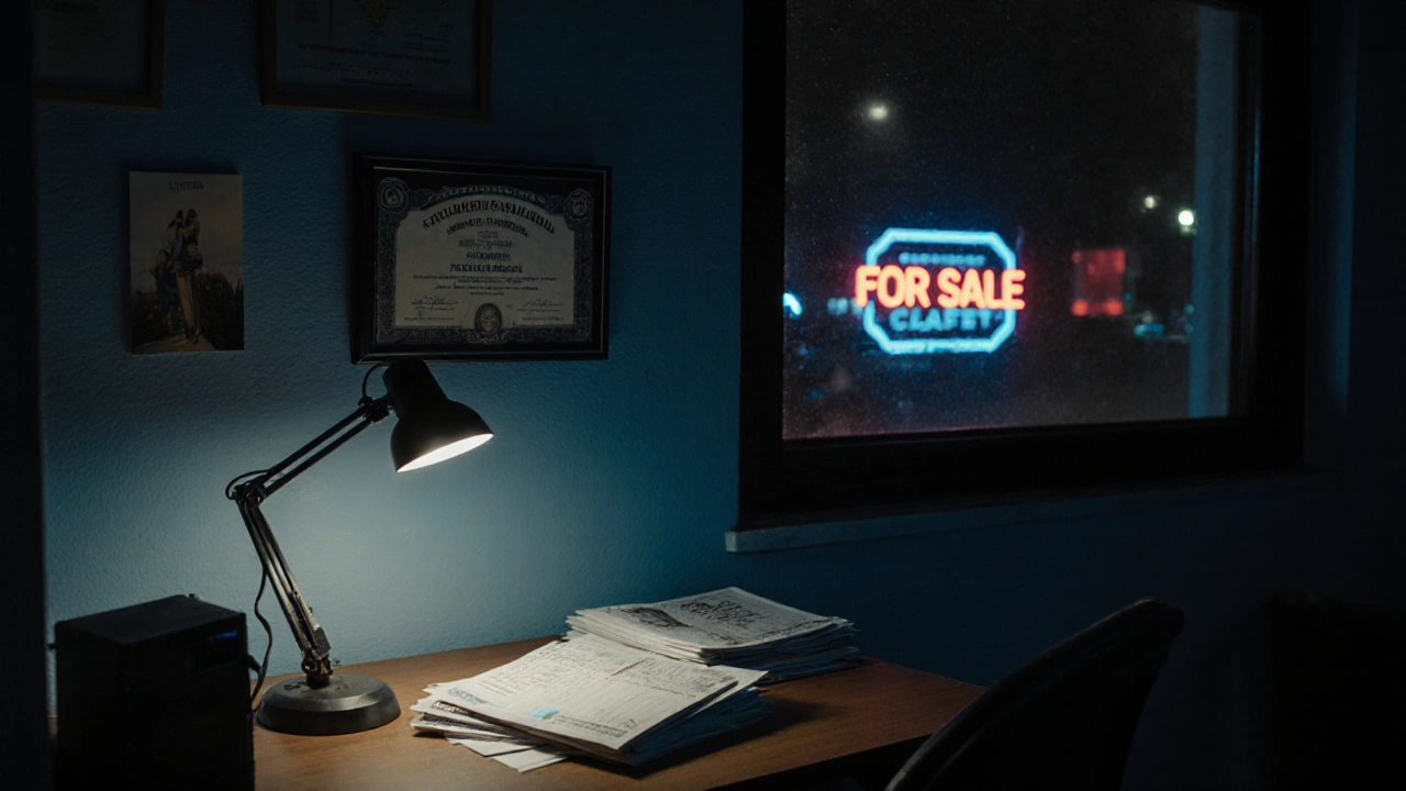 An empty real estate office at night, with a dusty license and flickering &#039;For Sale&#039; sign visible through the window.