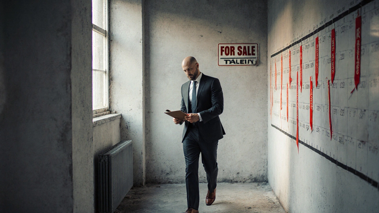 Appraiser walking through empty office corridor with lease expiration timeline on the wall.