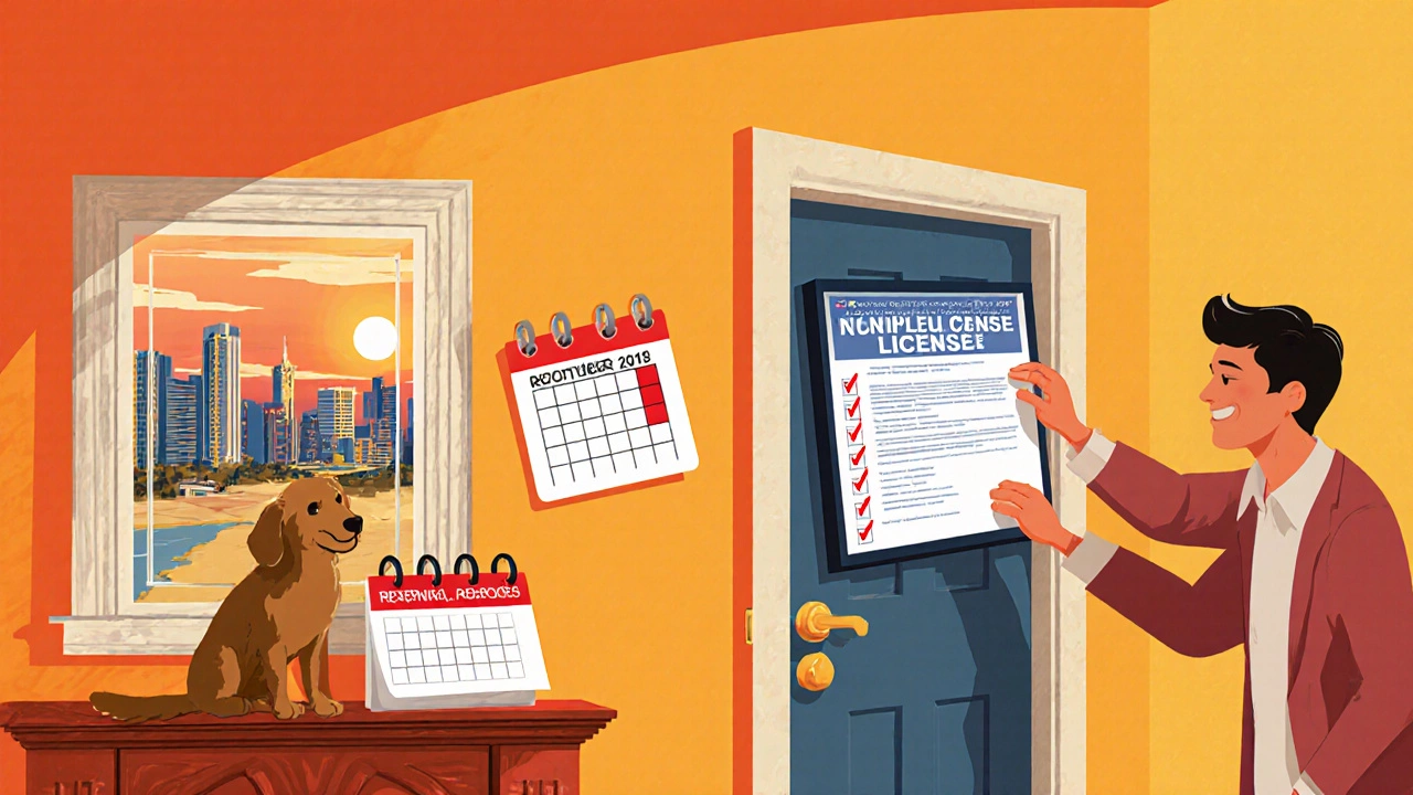 Approved rental license posted on front door with calendar reminder and sunset view.