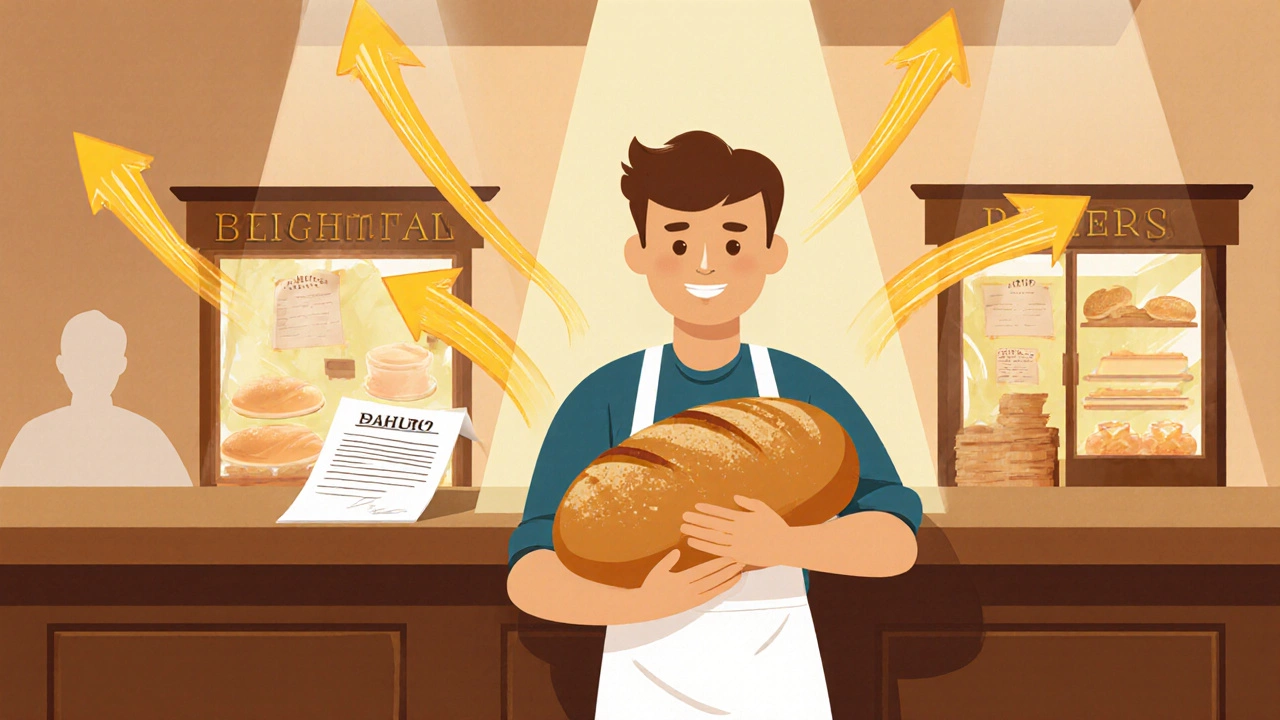 Bakery owner holding bread with arrows showing cash flow and expanding shop locations.