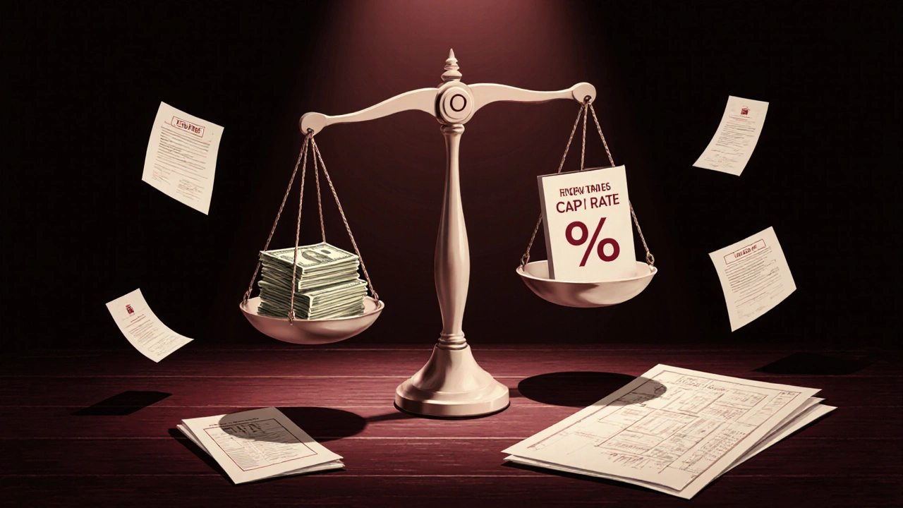 Balance scale weighing cash flow against cap rate symbol, surrounded by lease documents and blueprints.