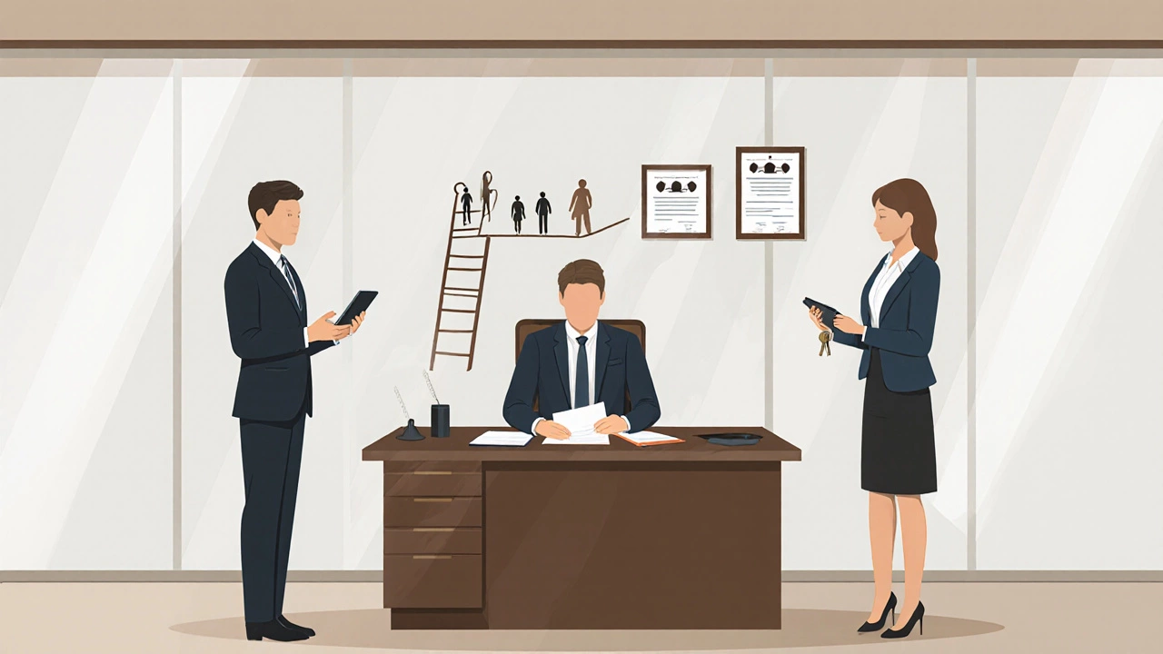 Broker supervising two agents in an office with license certificates.