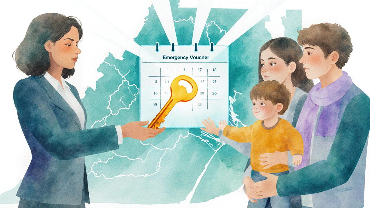 Case manager handing a key to a family, symbolizing voucher assistance.