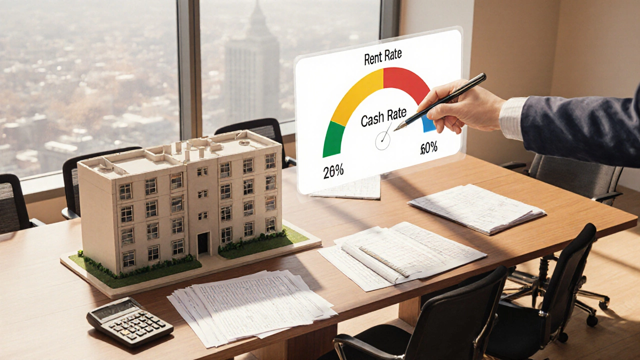 Conference table with property model, spreadsheets, calculator and abstract financial diagrams.