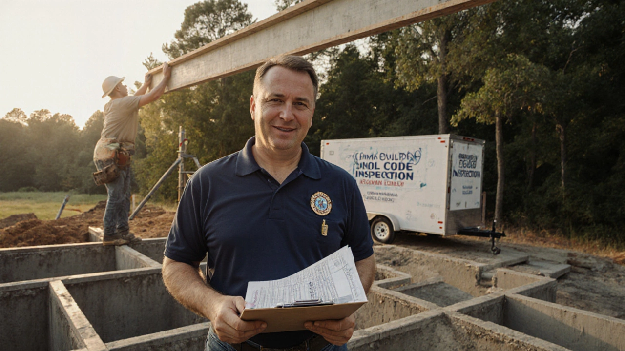 County inspector checking a new home's foundation with permits in hand.