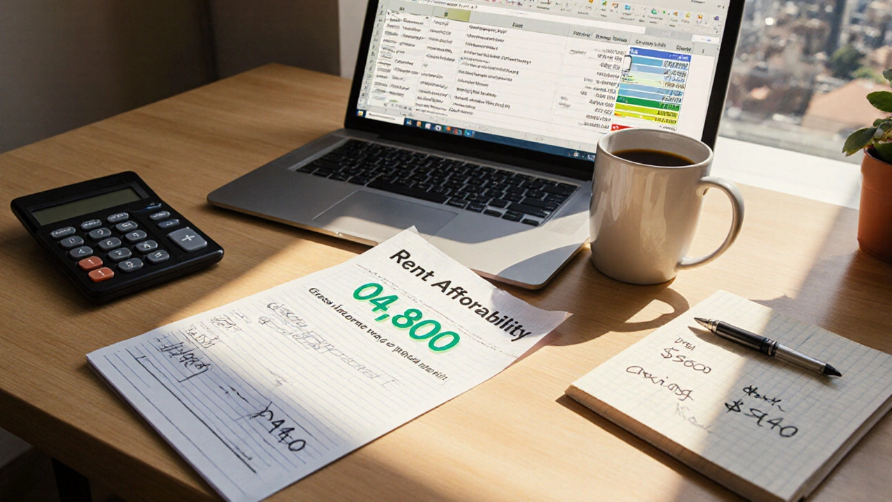 Desk flat lay with laptop spreadsheet, paycheck, calculator and notes showing rent calculation steps.