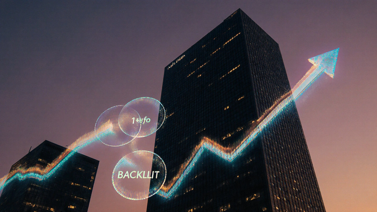 Dusk view of a corporate skyscraper with luminous hologram hinting at a 1‑for‑20 backsplit and a rising light line.