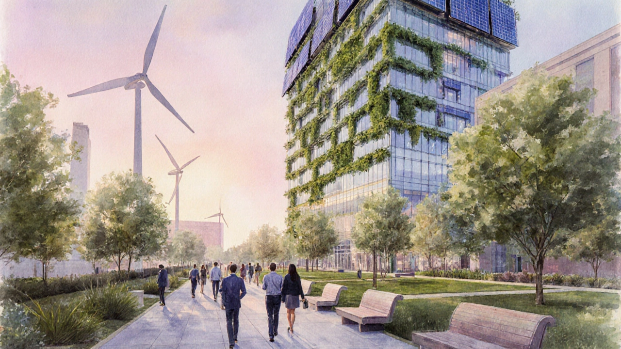 Eco-friendly office tower with green walls, solar panels, and diverse staff strolling.