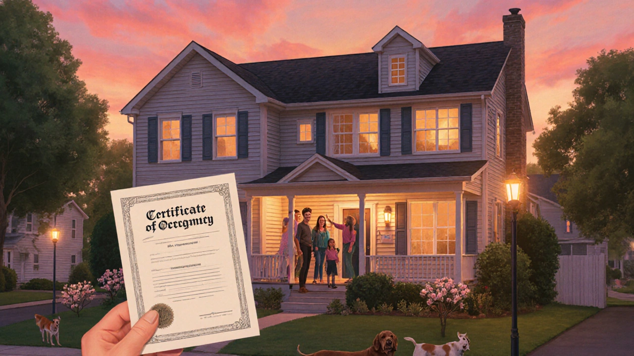 Family celebrating on their new house's porch holding a Certificate of Occupancy.