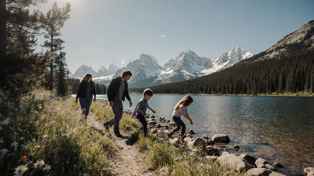 Family hiking and fishing by a mountain lake under a bright sky in Wyoming.