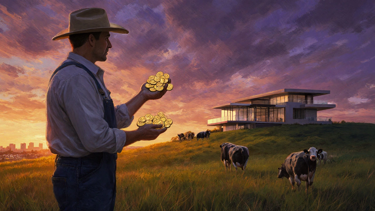 Farmer holding coins on a paddock, looking toward a distant villa silhouetted against a sunset sky.