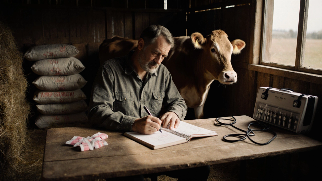 Farmer reviewing ledger beside feed bags and veterinary kit while a cow stands in a shed.