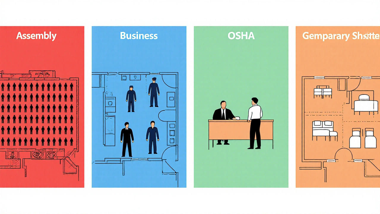 Four panels comparing crowd density for different occupancy standards in a 600 sq ft room.