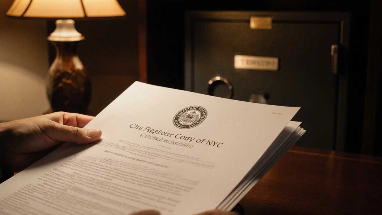 Hand holding certified property document beside a fireproof safe.