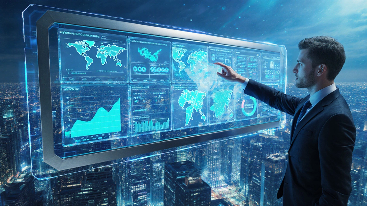 Holographic city dashboard showing AI analytics and data overlays.