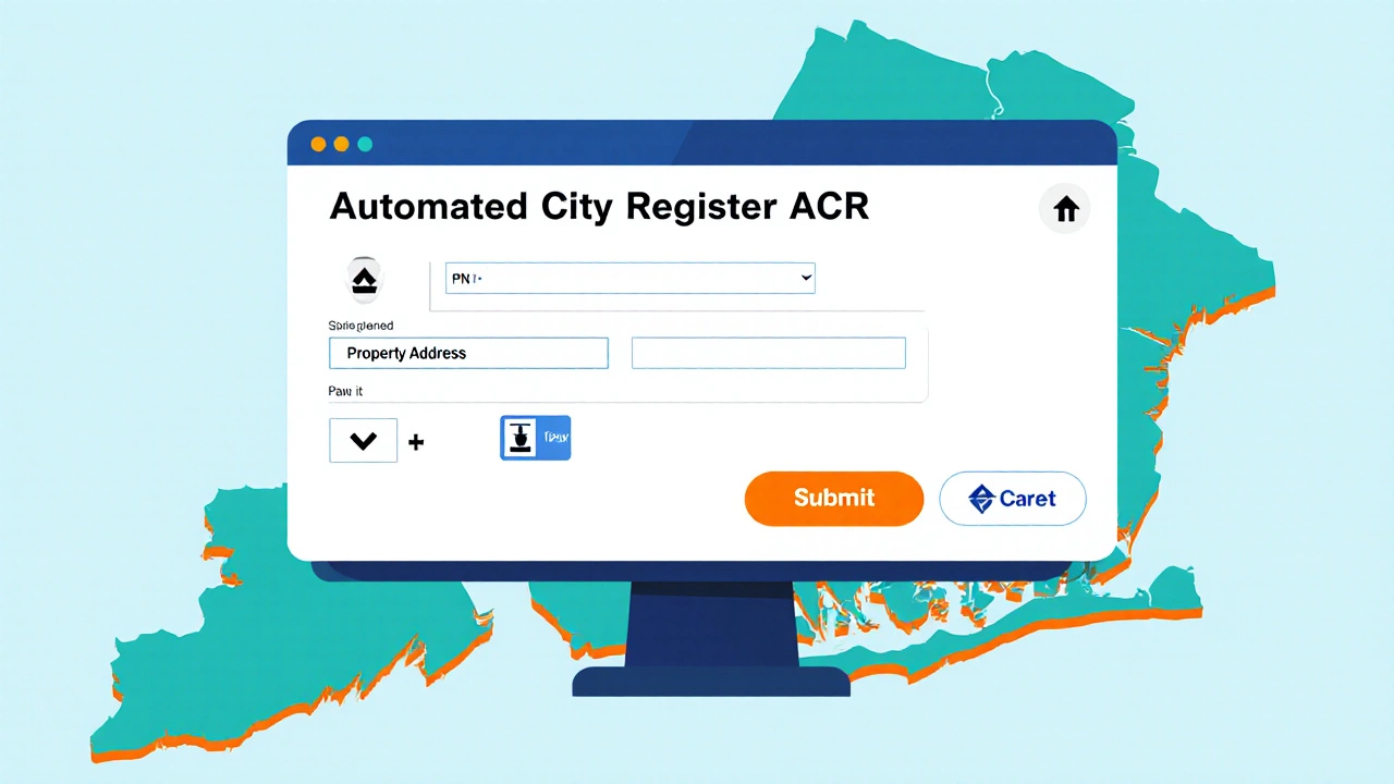 Illustrated computer screen showing online form for NYC property registration request.