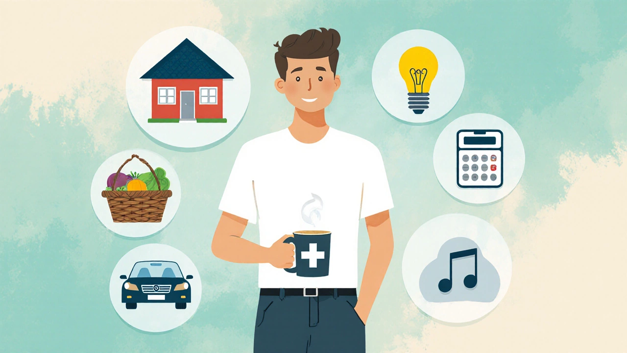 Illustration of a person surrounded by icons for housing, utilities, food, transport, health, taxes, and leisure.