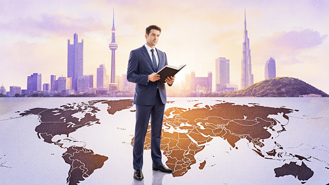 Investor on a world map with faint outlines of five city skylines representing top markets.