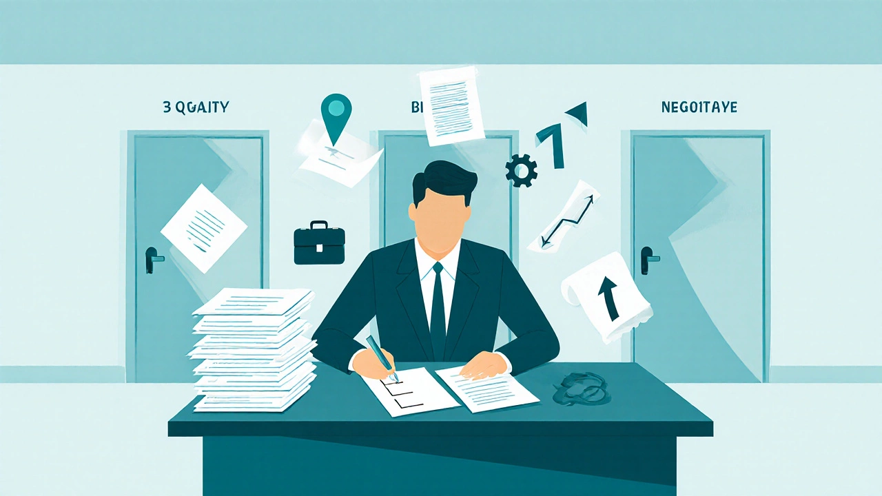 Investor reviewing checklist icons for location, tenant, lease, expenses, and decision doors.