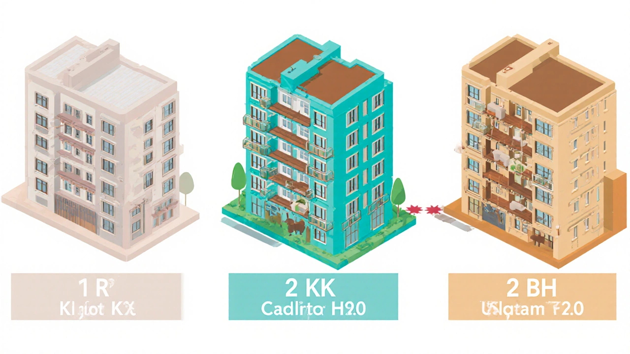 Isometric view comparing 1 RK, 2 KK, and 2 BHK apartment layouts side by side.