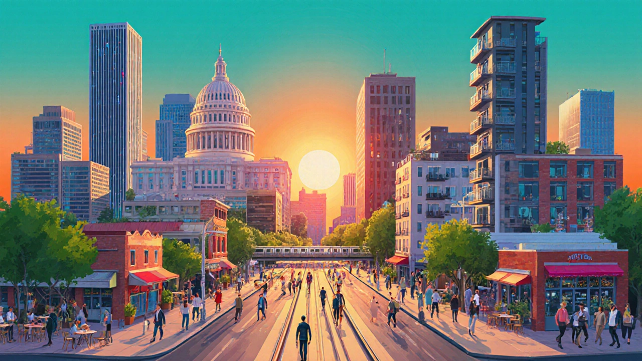 Isometric view of Austin's skyline with tech offices, apartments and a light rail at sunset.