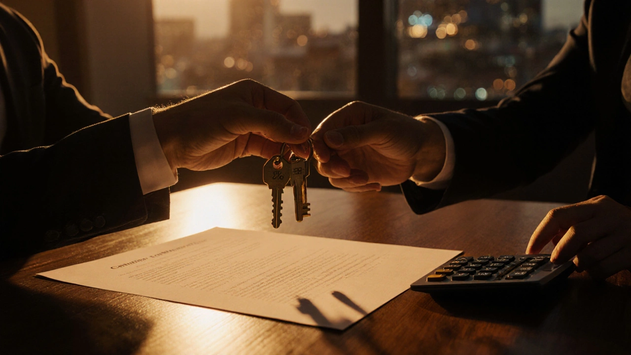 Keys and contract on a table symbolizing a home sale commission.