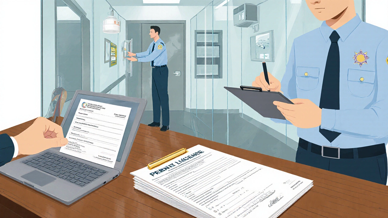 Landlord at county office signing application while an inspector checks a condo.