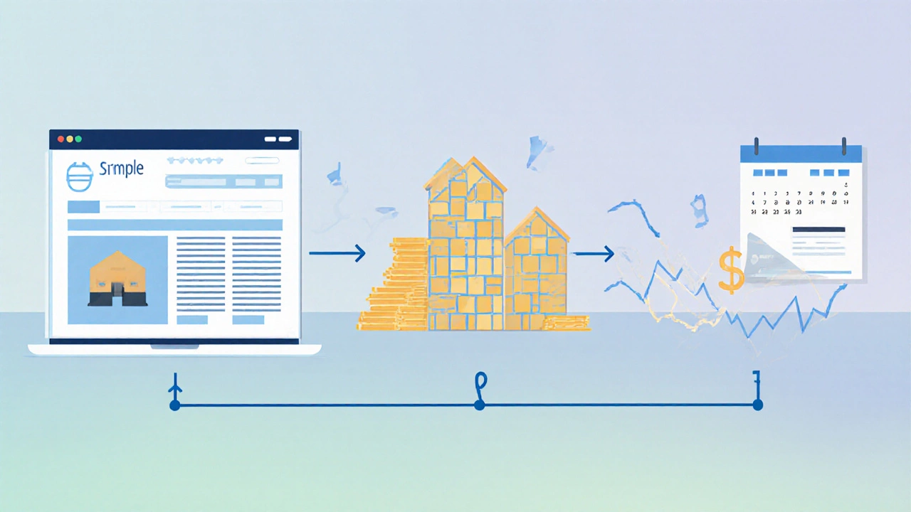 Minimalist timeline showing e‑commerce, real‑estate bricks, and stock ticker with connecting arrows.