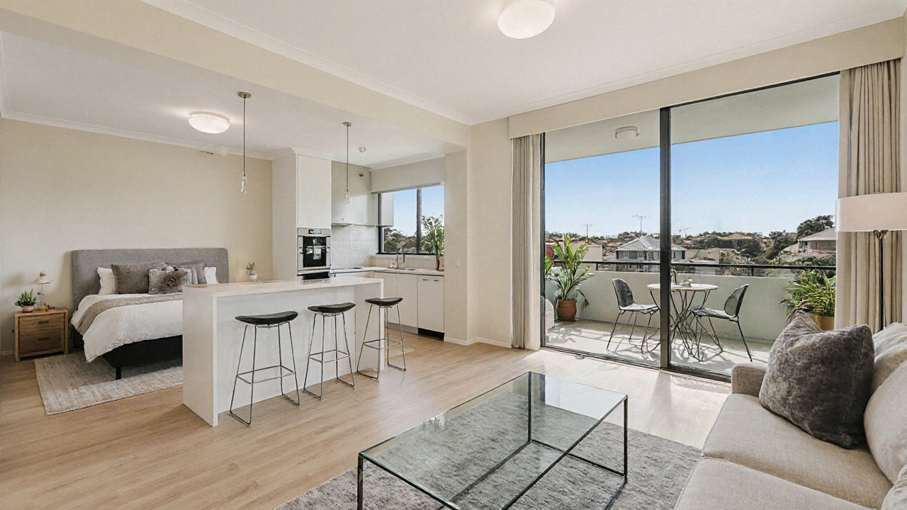 Open‑plan living‑dining area of a Type C apartment with kitchen island, balcony, and a bedroom with desk.