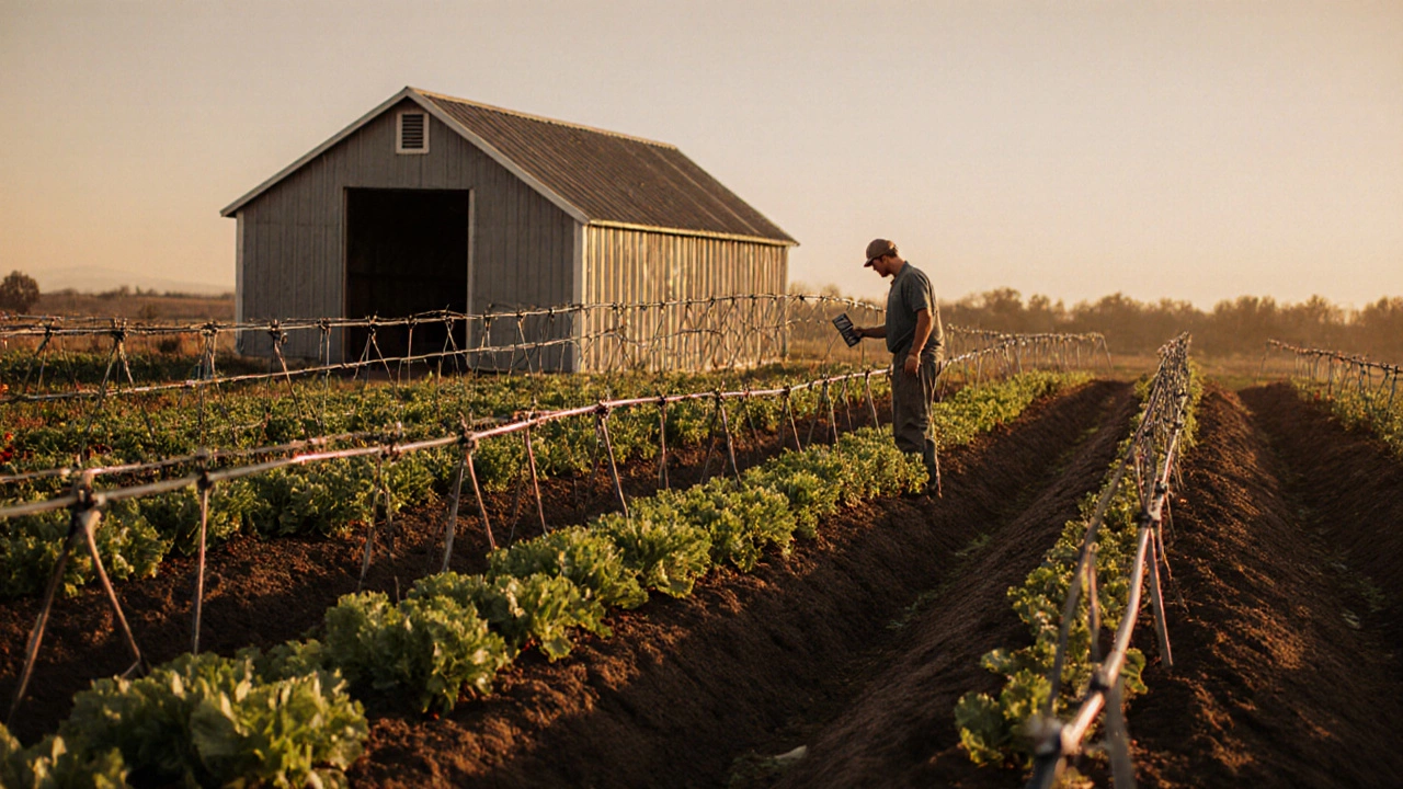 Organic vegetable farm with drip irrigation, carrots, lettuce, and a small packing shed.