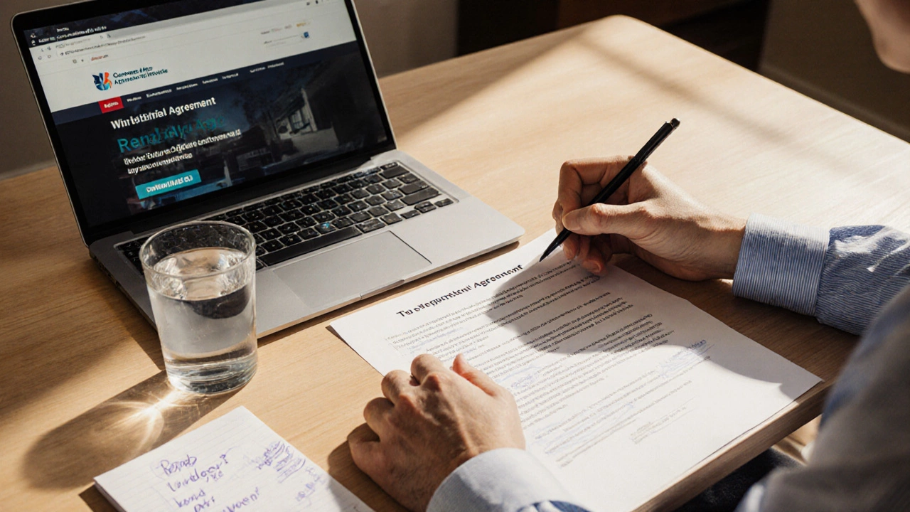 Person signing a printed rental agreement with official government website visible on laptop.