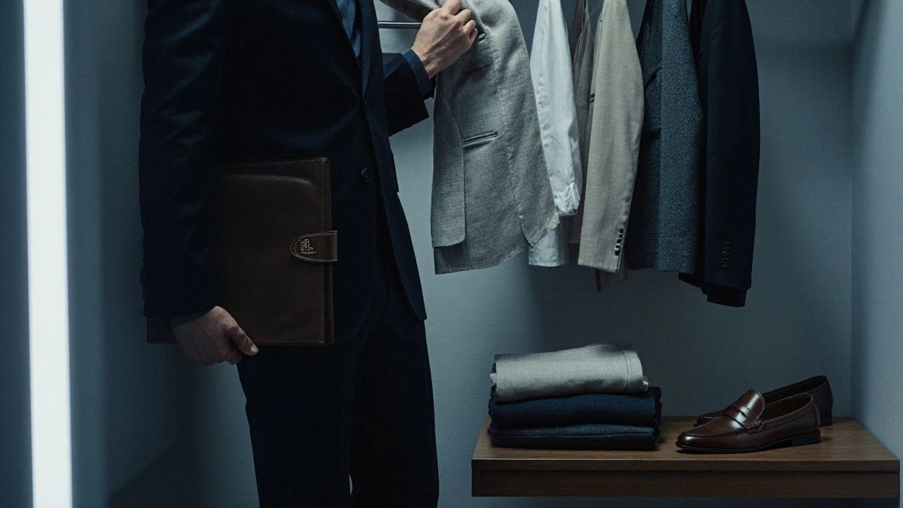 Realtor selecting a linen blazer and lapel pin in a minimalist dressing room with polished shoes.
