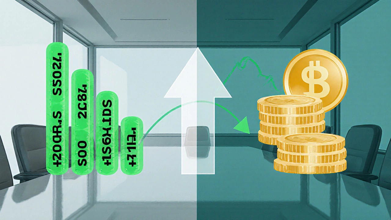 Split-screen illustration of 500 shares at changing to 100 shares at with an upward arrow.