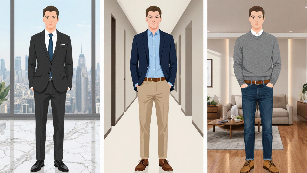 Three panels showing formal, business casual, and smart casual realtor outfits in different settings.