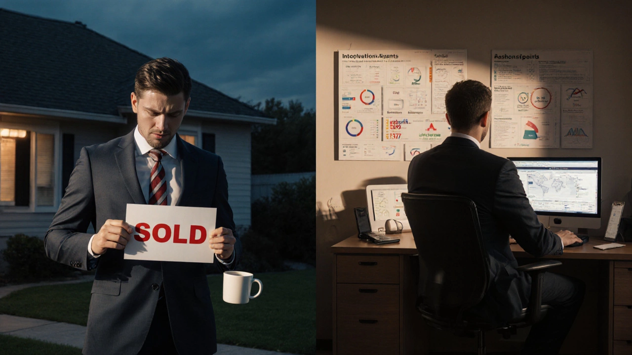 Two contrasting scenes: one agent struggling with missed calls, another thriving with digital tools and testimonials.