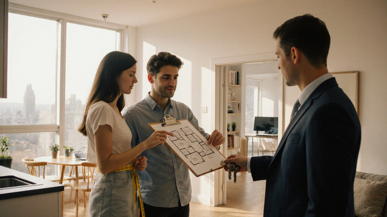 Young couple inspecting a 2 KK unit with a real‑estate agent handing over keys.