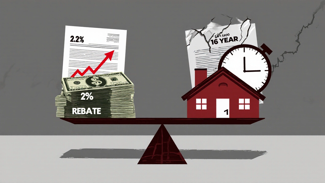 A balance scale comparing cash rebate to hidden costs like interest and repairs.