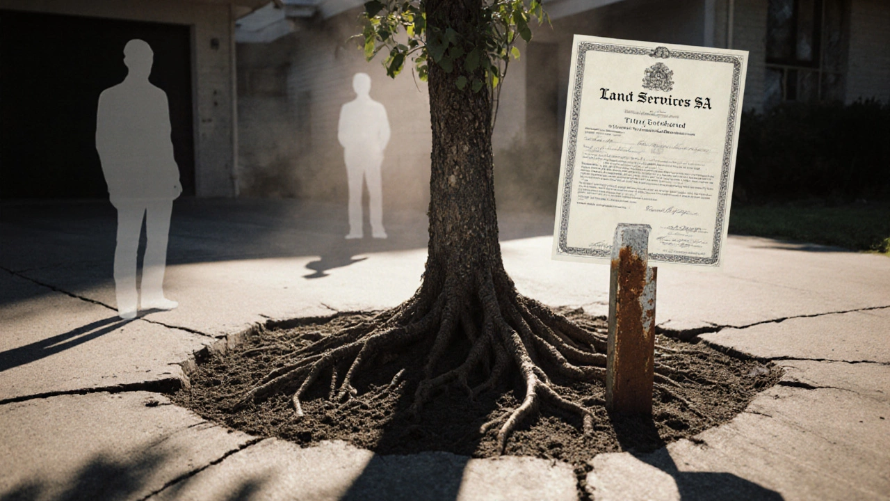 A legal title document floating above soil with tree roots wrapping a broken property stake.