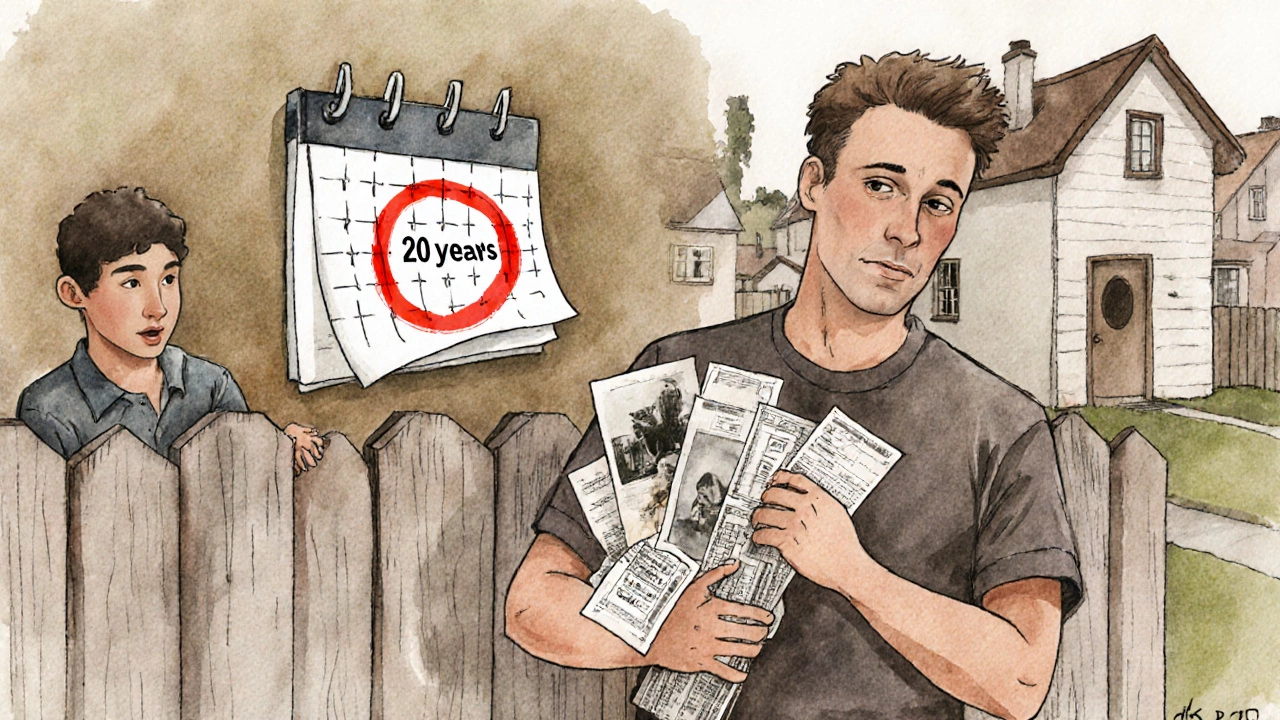 A man holding old photos and bills beside a fence, neighbor watching in shock.