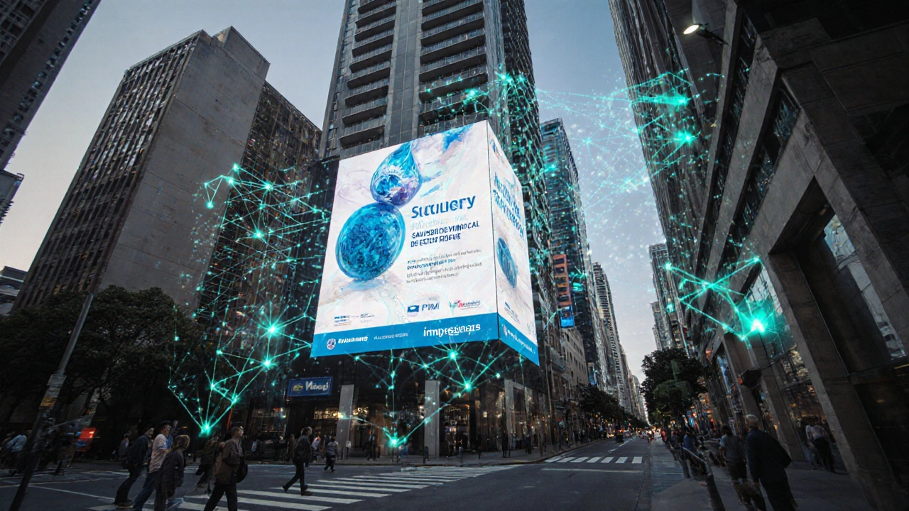 Building wrap ad on a city tower, pedestrians looking up with data overlays.