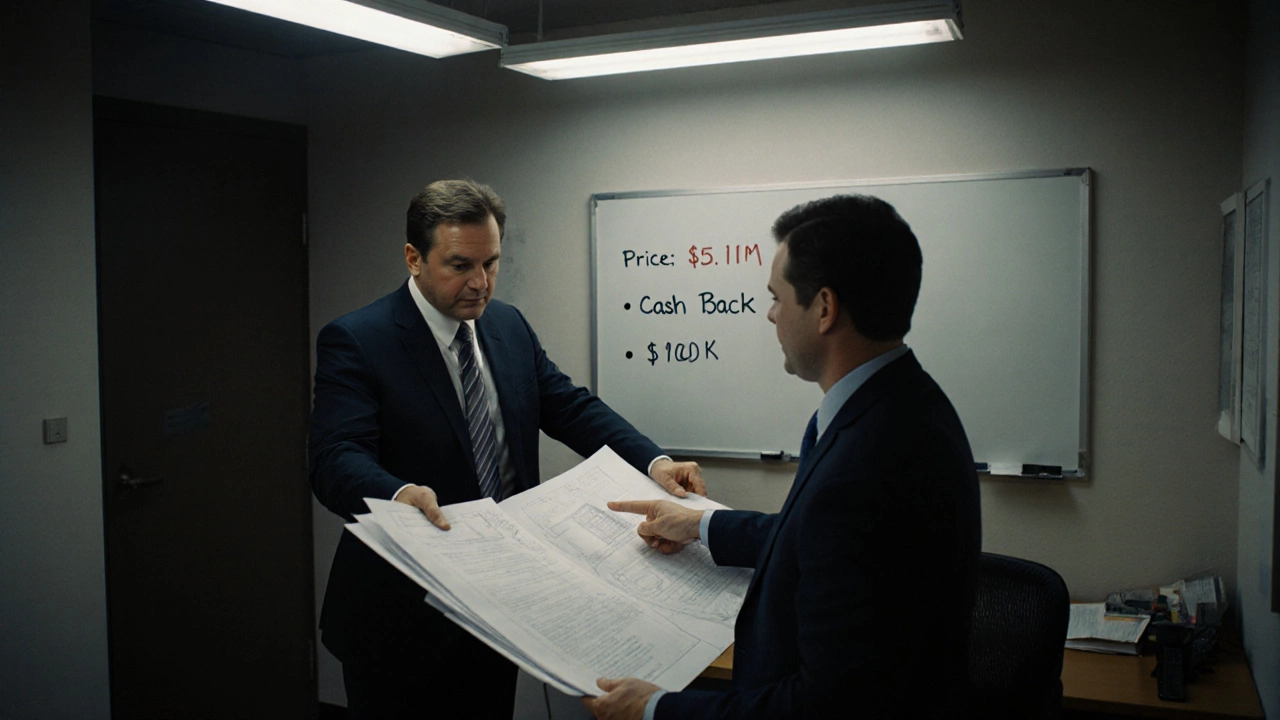 Buyer reviewing property documents in an office with a whiteboard showing inflated price and cash back.