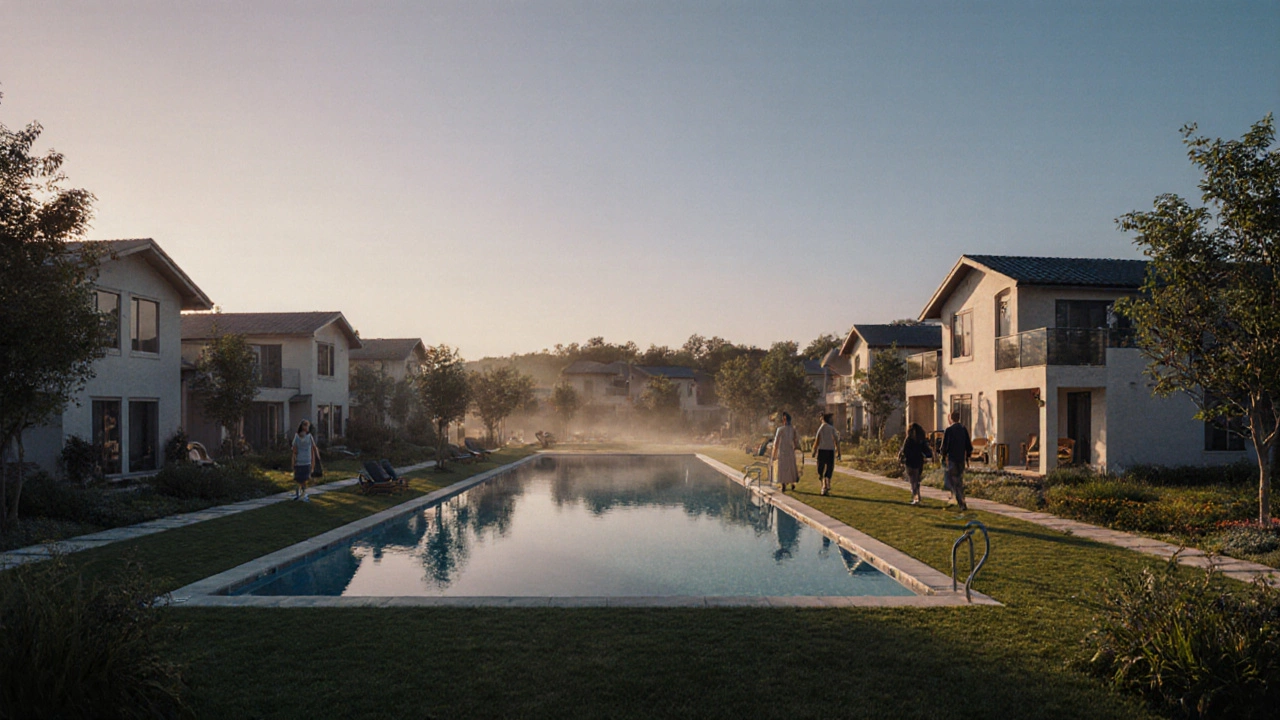 Community villa estate at dawn with shared pool and tree-lined paths.