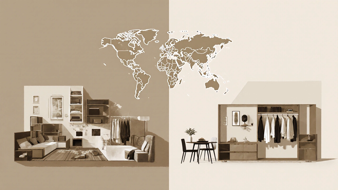 Contrasting small Tokyo and large Austin two-bedroom apartments side by side, showing space differences across global cities.