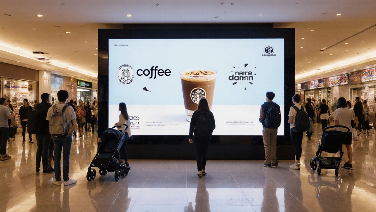 Digital screen in a busy mall showing a coffee ad, shoppers pausing to watch.