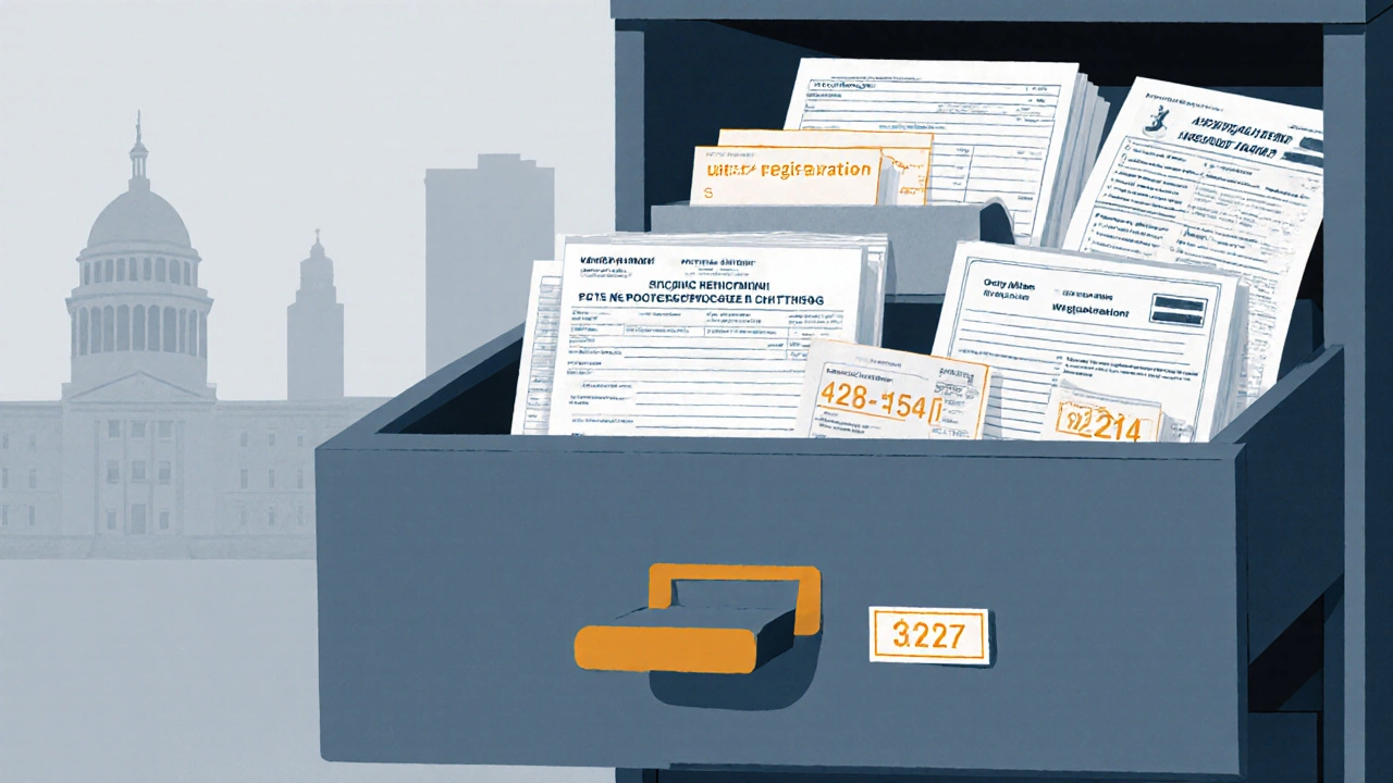 Filing cabinet with organized residency documents including tax forms and voter cards.