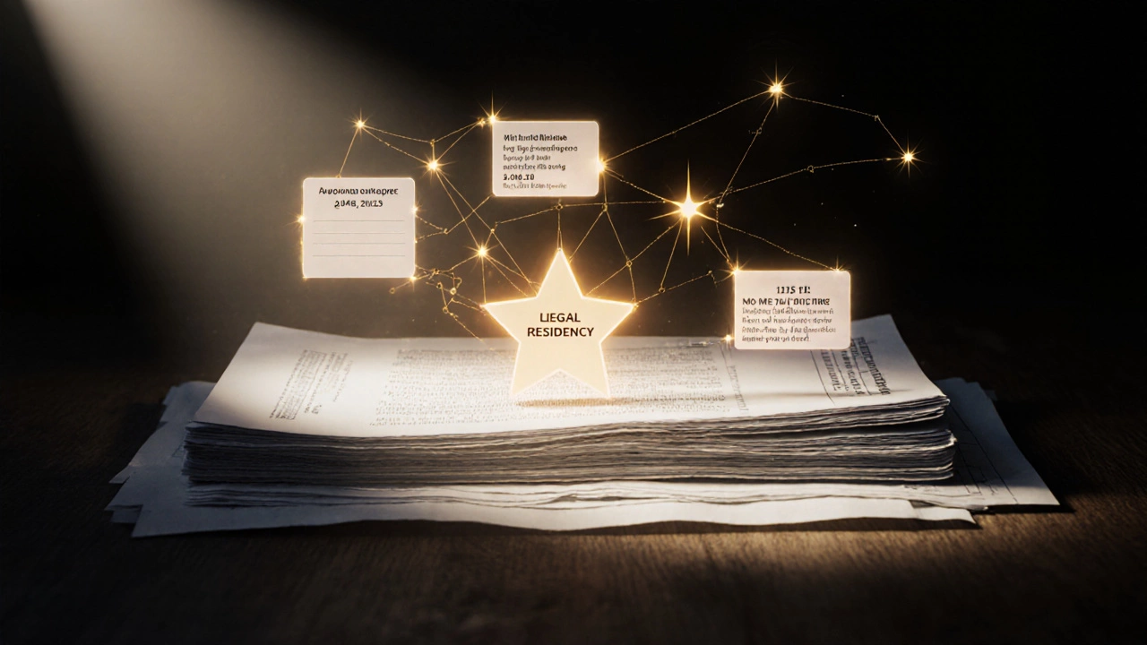 Glowing timeline of residency dates emerging from immigration papers with a central star.