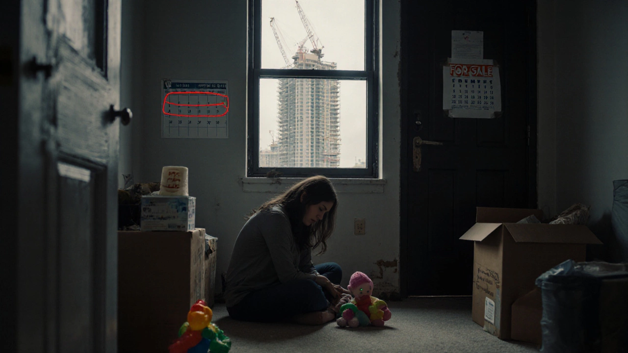 Single mother on floor of small Richmond apartment, boxes around her, luxury construction visible outside window.