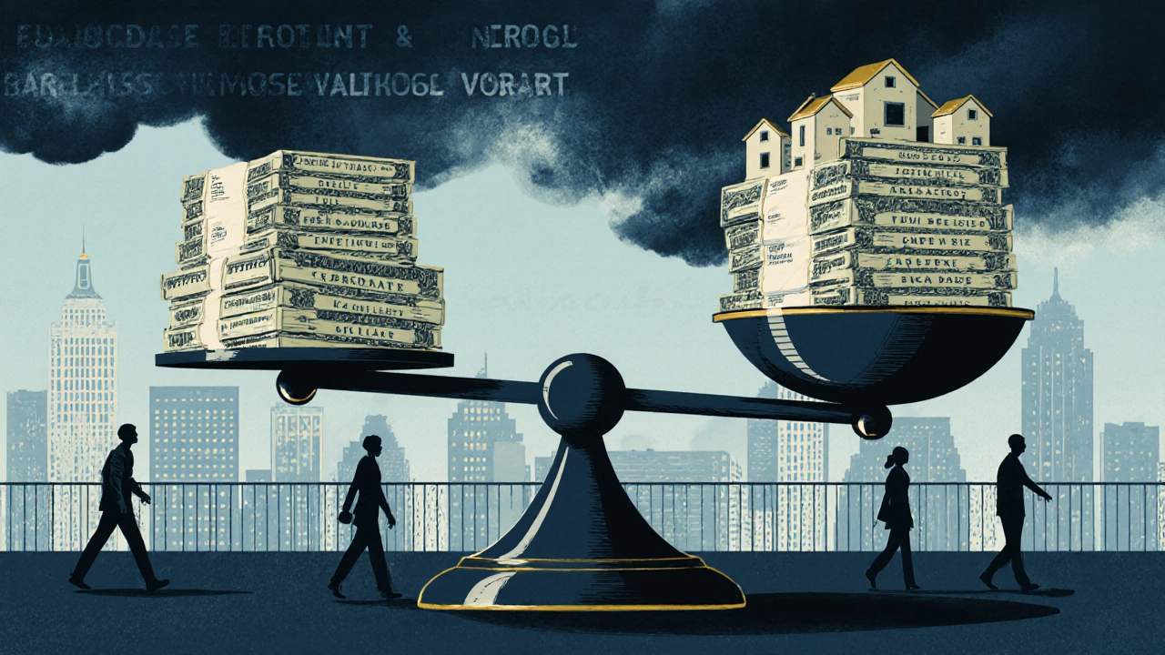 Tipping scale with corporate money overpowering tiny homes, silhouettes of workers walking away under dark skies.