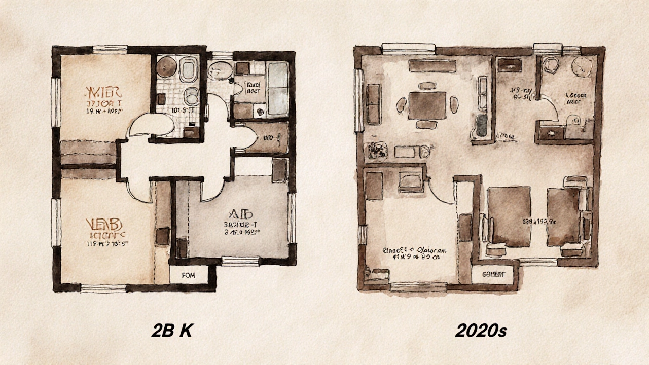 Vintage-style floor plan comparison of 1970s and 2020s two-bedroom apartment layouts, highlighting spatial efficiency changes.